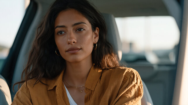 A young woman in her mid-twenties sits alone in a car outside a government office, DACA renewal paperwork on the passenger seat, September sunlight coming through the windshield,