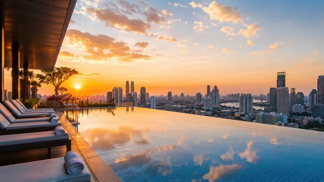 Rooftop infinity pool at sunset with city skyline, poolside loungers, palm trees and mirror-like reflective water