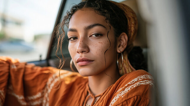 A young woman in her mid-twenties sits alone in a car outside a government office, DACA renewal paperwork on the passenger seat, September sunlight coming through the windshield,
