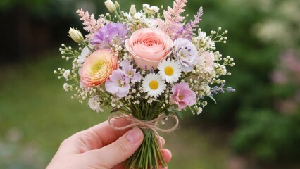 Fototapeta premium Colorful bouquet in hand outdoors.