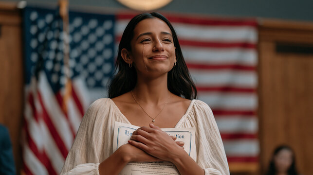 Naturalization ceremony moment captured just after oath, a newly sworn Salvadoran American woman presses her certificate against her chest with both hands, tears streaming freely,