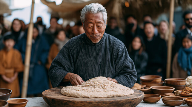 Heritage chef demonstrates the preparation of a fermented grain dish at a cultural food market, cooking demonstration drawing a crowd, the recipe explained through family oral