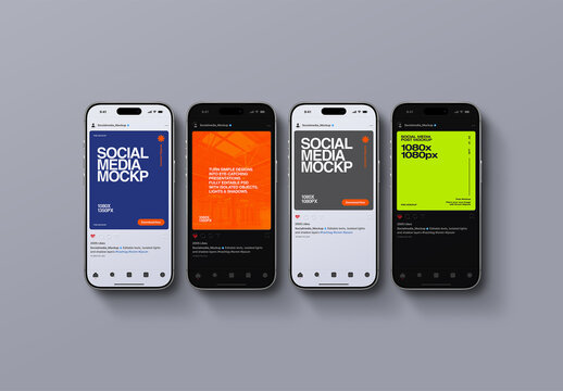 Social Media Post Mockup with Four Phones in 1080x1080 and 1080x1350