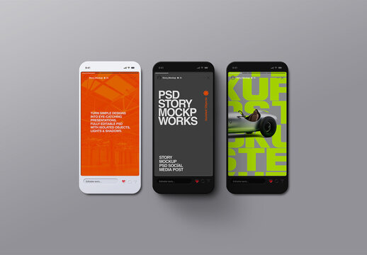 Social Media Story Mockup with Three Isolated Phone Screens
