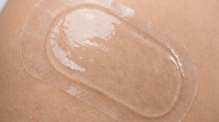 Fototapeta premium Close-up of a medical patch or bandage with a clear gel-like center adhered to human skin, showing texture and detail
