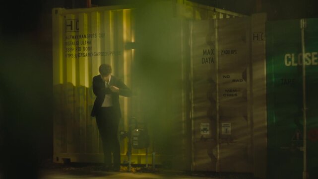 Mysterious businessman in a suit lighting a cigarette in a dark, foggy industrial area at night