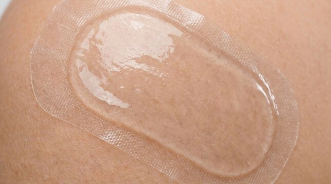 Close-up of a medical patch or bandage with a clear gel-like center adhered to human skin, showing texture and detail