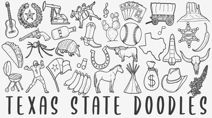 Fototapeta premium Texas doodle illustration featuring cowboy boots, hat, guitar, longhorn skull, sheriff badge, cactus, wagon, and cultural heritage icons