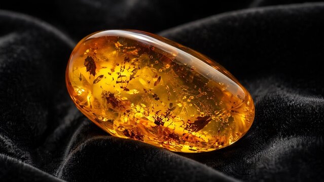 copal. Polished piece of amber copal resin on black velvet, showing warm translucency. gardening catalogs, home-decor guides, designed for gardening and botanical catalogs, used by brand managers.