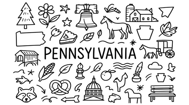 Pennsylvania doodle illustration featuring Liberty Bell, capitol, covered bridge, barn, keystone, pretzel, pie, raccoon, and cultural heritage icons