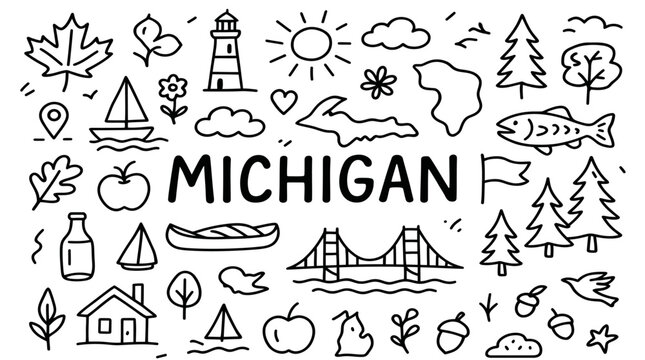 Michigan doodle illustration featuring state outline, Mackinac Bridge, lighthouse, sailboat, canoe, apple, fish, trees, and cultural heritage icons