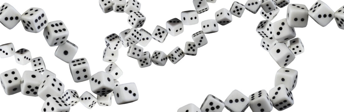 Dice fall in various directions as they scatter  during a game night in a living room setting isolated on transparent background, PNG file