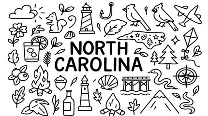 Fototapeta premium North Carolina doodle illustration featuring state outline, lighthouse, wildlife, flowers, campfire, kite, seashells, and cultural outdoor heritage icons