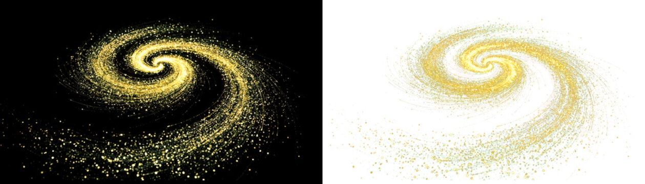 Golden swirl particles, glowing spiral shapes, yellow light trails, abstract dynamic motion