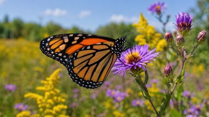 Obraz premium Monarch butterfly feeding on a purple wildflower in a sunny meadow filled with yellow blooms