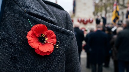 Close-up shot of a traditional red remembrance poppy pinned with a safety pin to the lapel of a dark grey wool coat