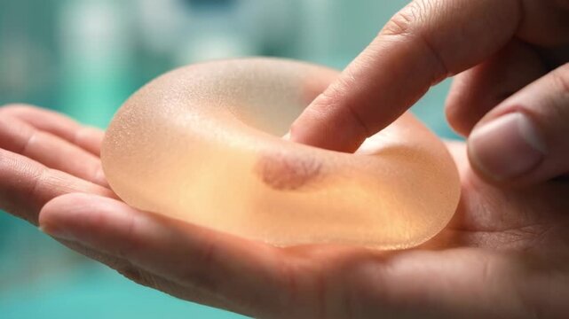 Hand pressing and testing elasticity of silicone breast implant close-up. Plastic surgery and cosmetic breast augmentation concept