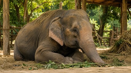 Fototapeta premium Asian elephant resting on the ground under a wooden shelter, trunk relaxed, wrinkled skin and leafy feed nearby in a calm natural setting
