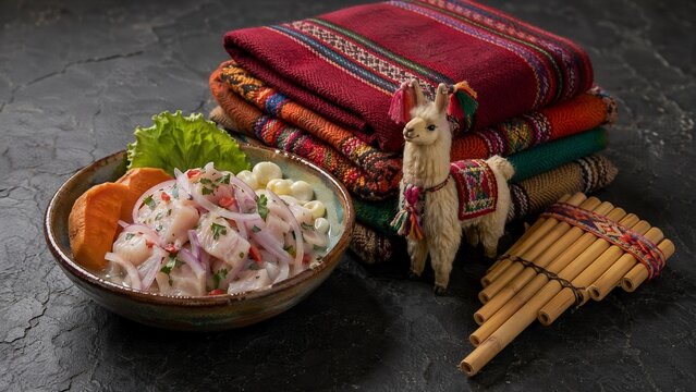 ceviche. Peruvian Independence Day bundle: ceviche, wool textiles, llama figurine, and pan flute on slate surface. event programs.
