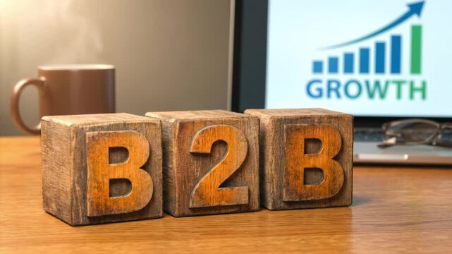 Wooden B2B blocks on office desk with rising growth chart on laptop screen. Business to business sales increase and corporate marketing strategy concept