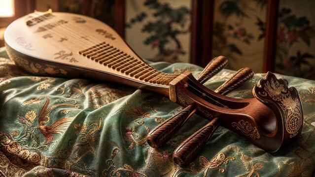 pipa. Exquisite pipa lute resting on embroidered silk fabric with curved headstock. event programs, museum guides, designed for cultural heritage projects and event programs, preserves heritage.