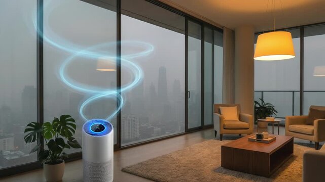 Smart air purifier cleaning polluted air in modern living room. Glowing blue swirls filtering smog from city outside window. Home climate control concept