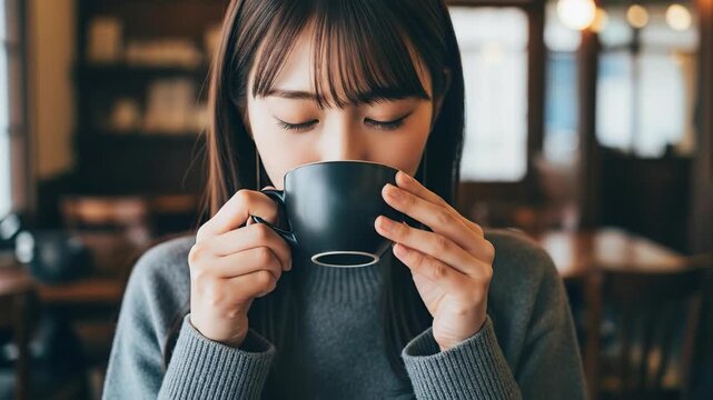 落ち着いた雰囲気の喫茶店でカップを手に持つ女性