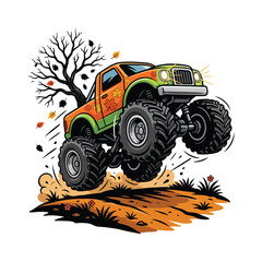 Monster truck jumping over dirt with autumn leaves © marufaali2023