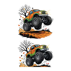 Two monster trucks jumping over dirt with autumn leaves © marufaali2023