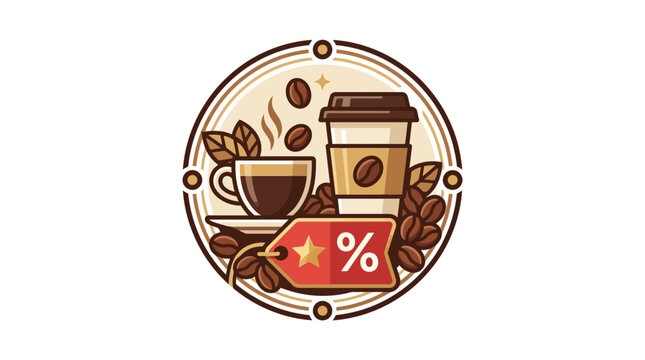 Coffee Shop Discount Emblem: Cup, To Go Cup, Beans, Leaves, and Sale Tag