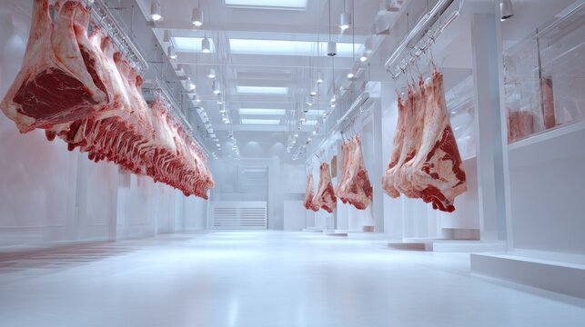 Beef carcasses hanging in a modern butcher shop or industrial meat processing facility, presented in a clean, sterile environment with bright overhead lighting and white walls.