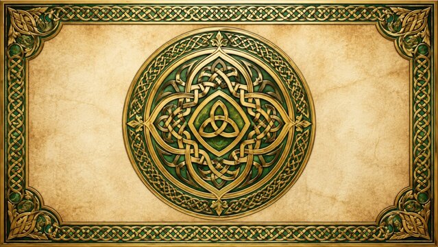 Ornate green and gold Celtic knot medallion on aged parchment background with decorative interlaced border and intricate triquetra center