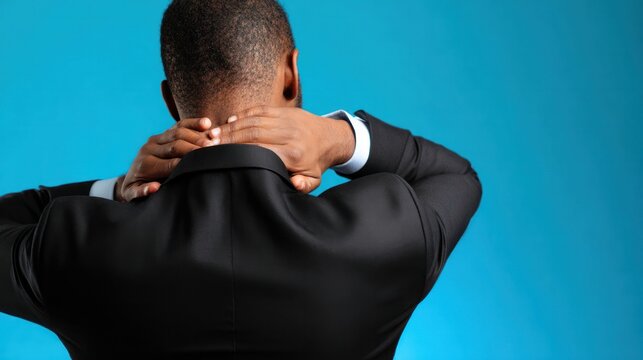 Stress and Tension: A businessman in a suit clutches his neck, grimacing with pain and fatigue, a clear sign of overwhelming work pressure and physical strain.