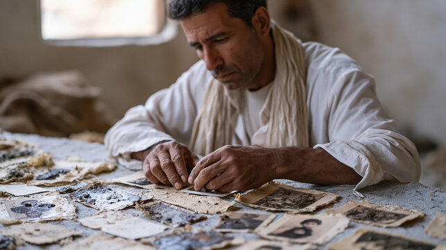 Rohingya refugee man arranges family photographs recovered from a flooded home onto a drying surface in a resettlement shelter, overcast dramatic sky through a small window,