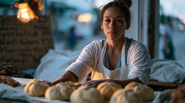 Colombian-born bakery owner arranges fresh pastries in a modest storefront display case before dawn, handwritten specials board behind her, apron flour-dusted, neighborhood street