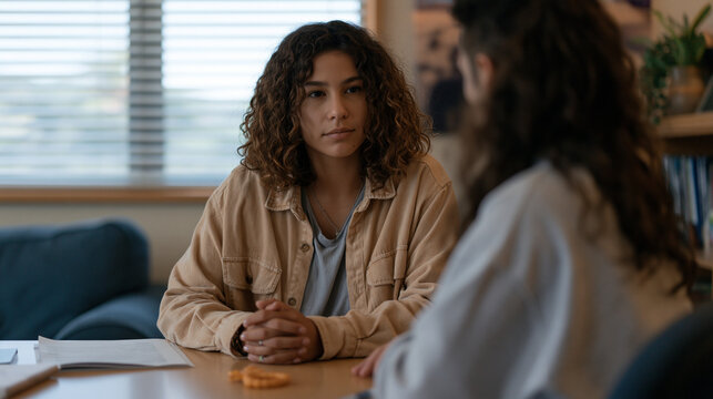 School mental health counselor sits across from a withdrawn teenage student in a calm office with soft indoor lighting, a fidget tool on the desk between them, communicating