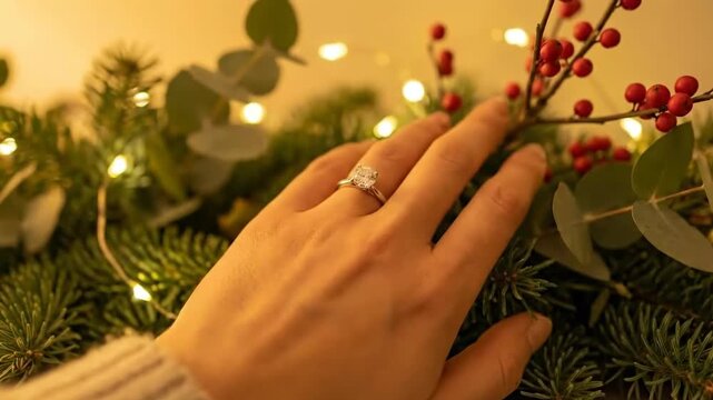 Woman Hand Wearing Diamond Engagement Ring on Festive Pine Branches with Red Berries and Warm Lights