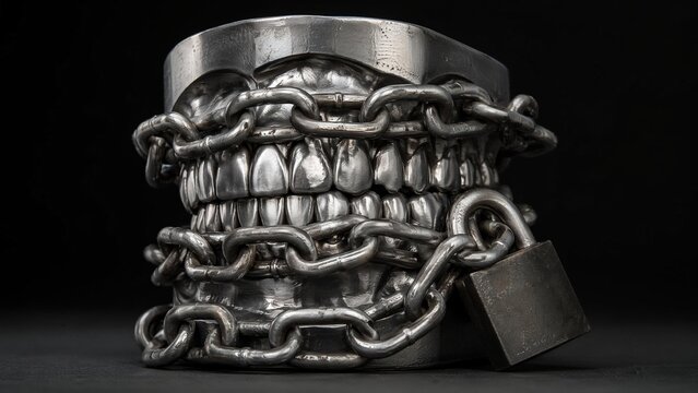 constrained. Metal dental model wrapped in heavy chains, symbolic representation of constrained movement on dark background. wellbeing guides.