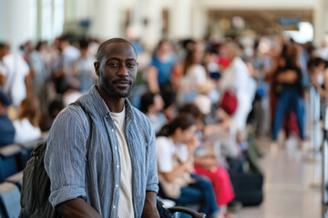 Obraz premium A calm traveler stands in a bustling airport terminal observing the crowd, conveying a sense of anticipation and the essence of journey amidst the chaotic background.