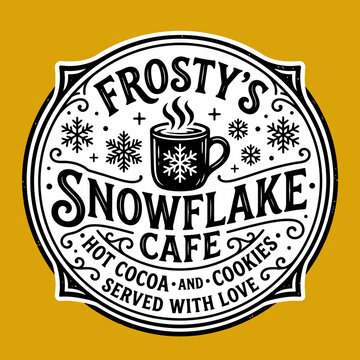 Frosty's Snowflake Cafe Logo Featuring Hot Cocoa and Cookies