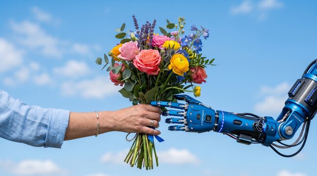 "Human hand offering colorful bouquet to robotic arm under blue sky, symbolizing cooperation, emotion, technology, resilience, and harmony between nature and innovation."