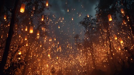 Naklejka premium Glowing sky lanterns in dark forest