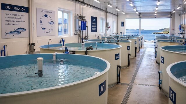 hatchery. A coastal hatchery with rows of water tanks containing tiny fish fry in a clean, organized facility. wildlife magazines.