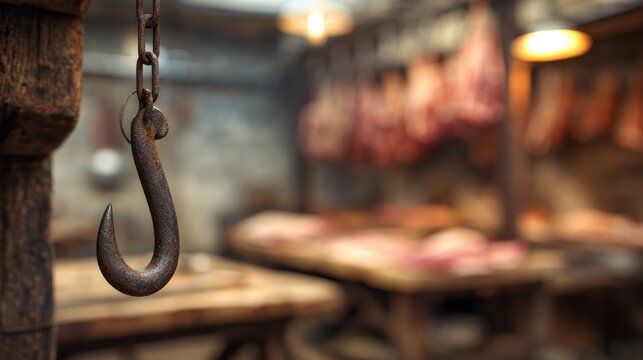 Butcher Shop Atmosphere: A rustic butcher shop interior, with cured meats hanging in the background and a metal hook in the foreground, evokes a sense of tradition and quality craftsmanship.