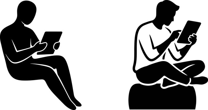 Black silhouette icons of two men sitting and using tablet devices
