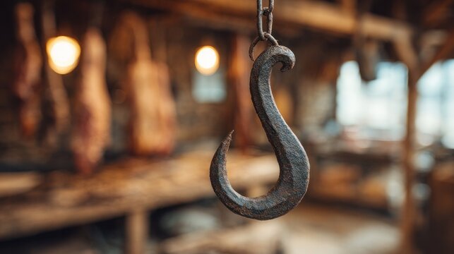 Aged Meat Hook: A close-up of a rusty, old-fashioned meat hook hanging in a rustic butchery, with cured meats in the background, evoking a sense of tradition and artisanal craftsmanship.