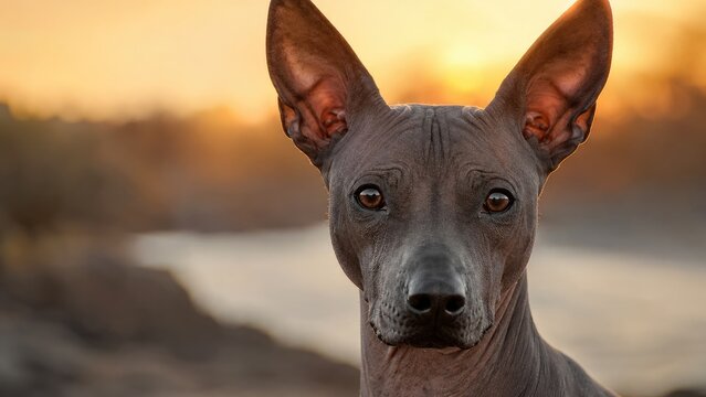 Close-up portrait of a hairless Xoloitzcuintli dog at sunset, showing attentive gaze and large upright ears