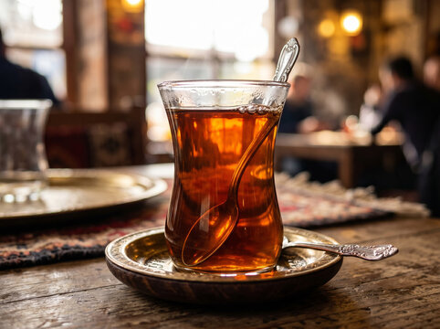 Hot Black Tea in Traditional Curved Armudu Glass