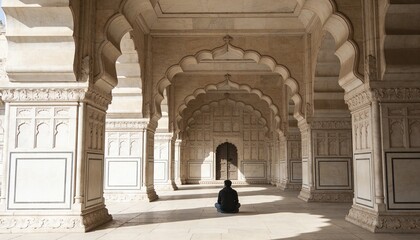 Obraz premium Sitting man wearing dark jacket and jeans facing ornate doorway in carved-column hall, stone floor