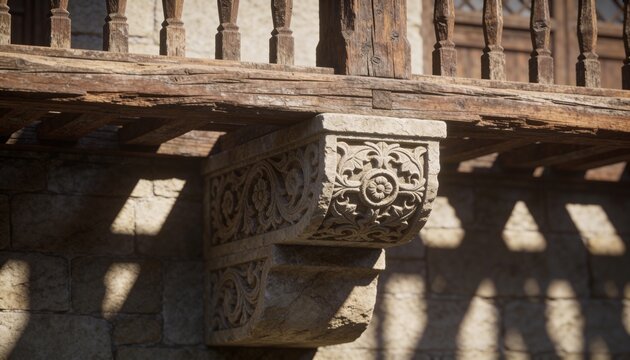 Showing carved stone corbel projecting from stone wall at courtyard, with turned balusters' shadows